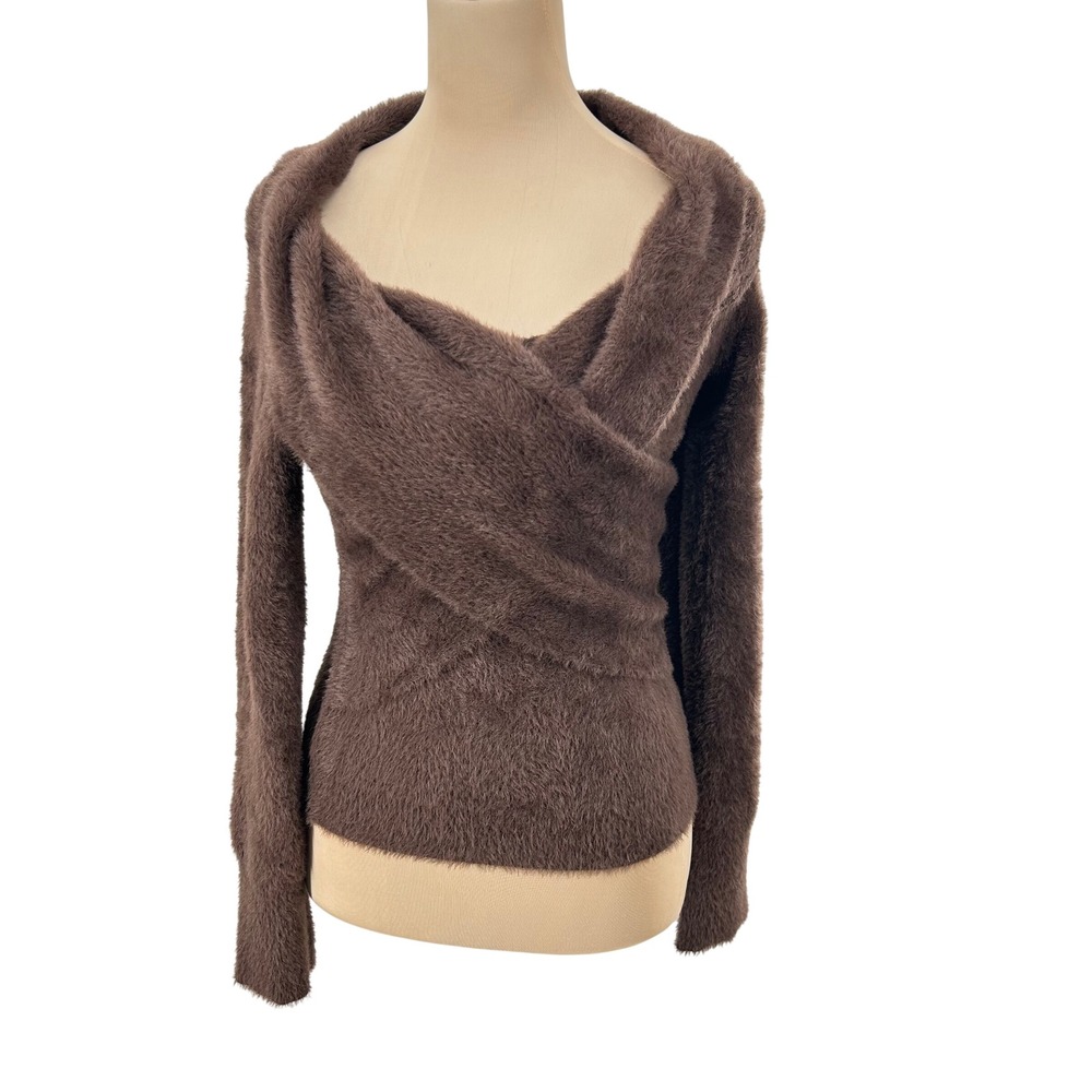 Express Womens Brown Eyelash Knit Crossover Surplice Long‎ Sleeve Sweater Small